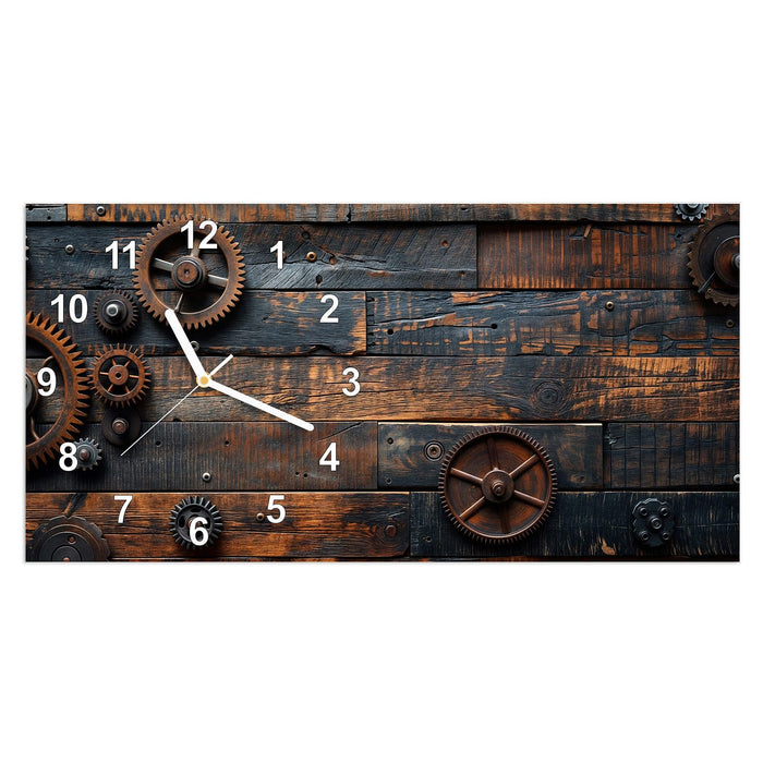 Wanduhr Holz und Zahnräder aus Glas – Querformat 60 × 30 cm mit Ziffernblatt Modern