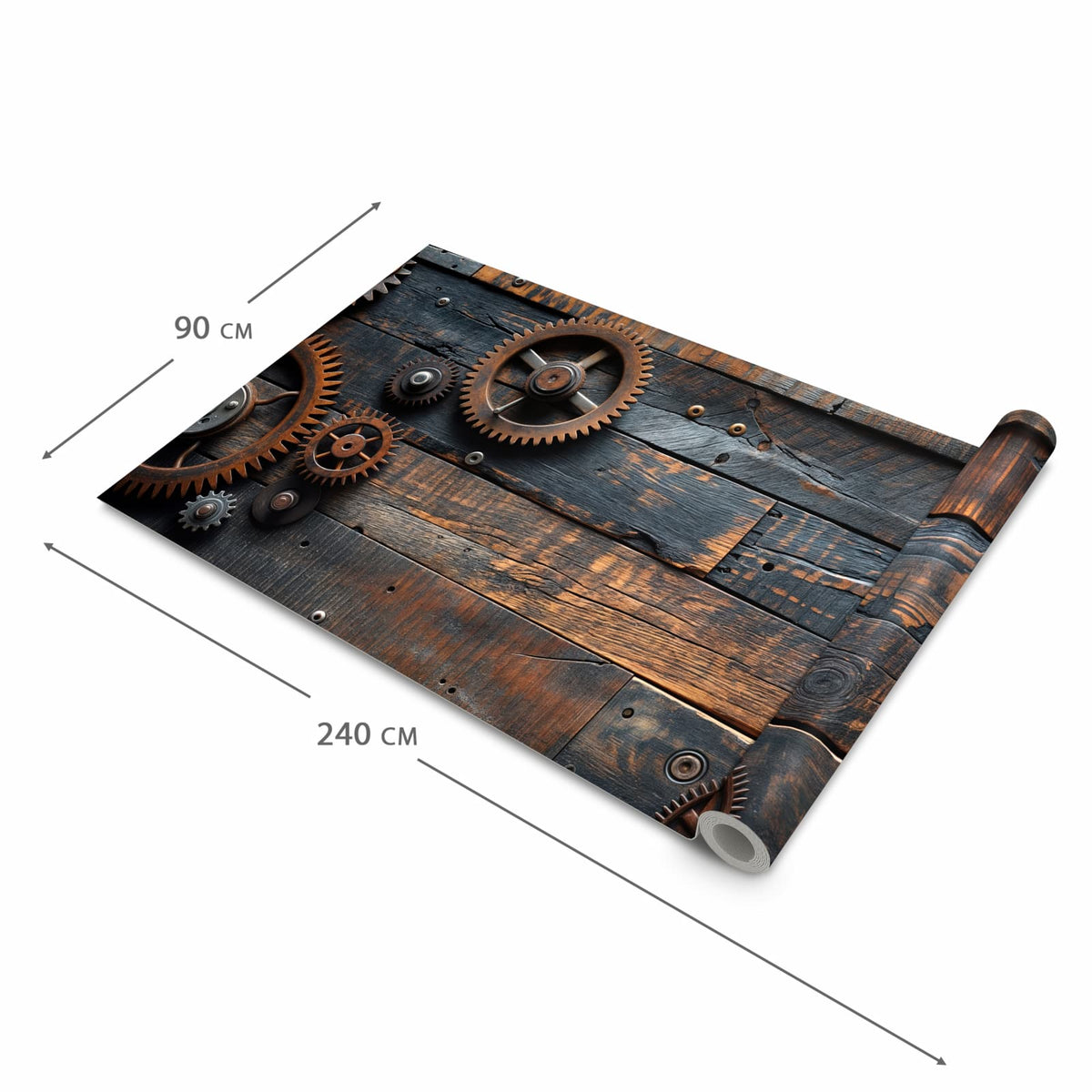 Wasserabweisender Küchenvorleger mit Motiv Holz und Zahnräder in der Grösse 60x90 cm