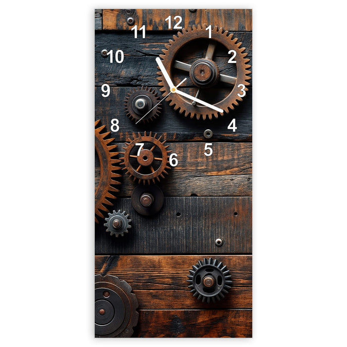 Wanduhr Holz und Zahnräder aus Glas – Hochformat 30 × 60 cm mit Ziffernblatt Modern