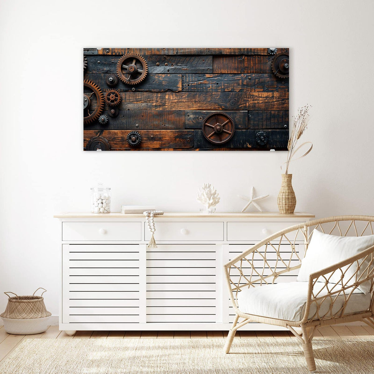 Echtglas, 4 mm – kein Acryl, keine Folie – Wandbild - Zahnräder auf Holz - Querformat