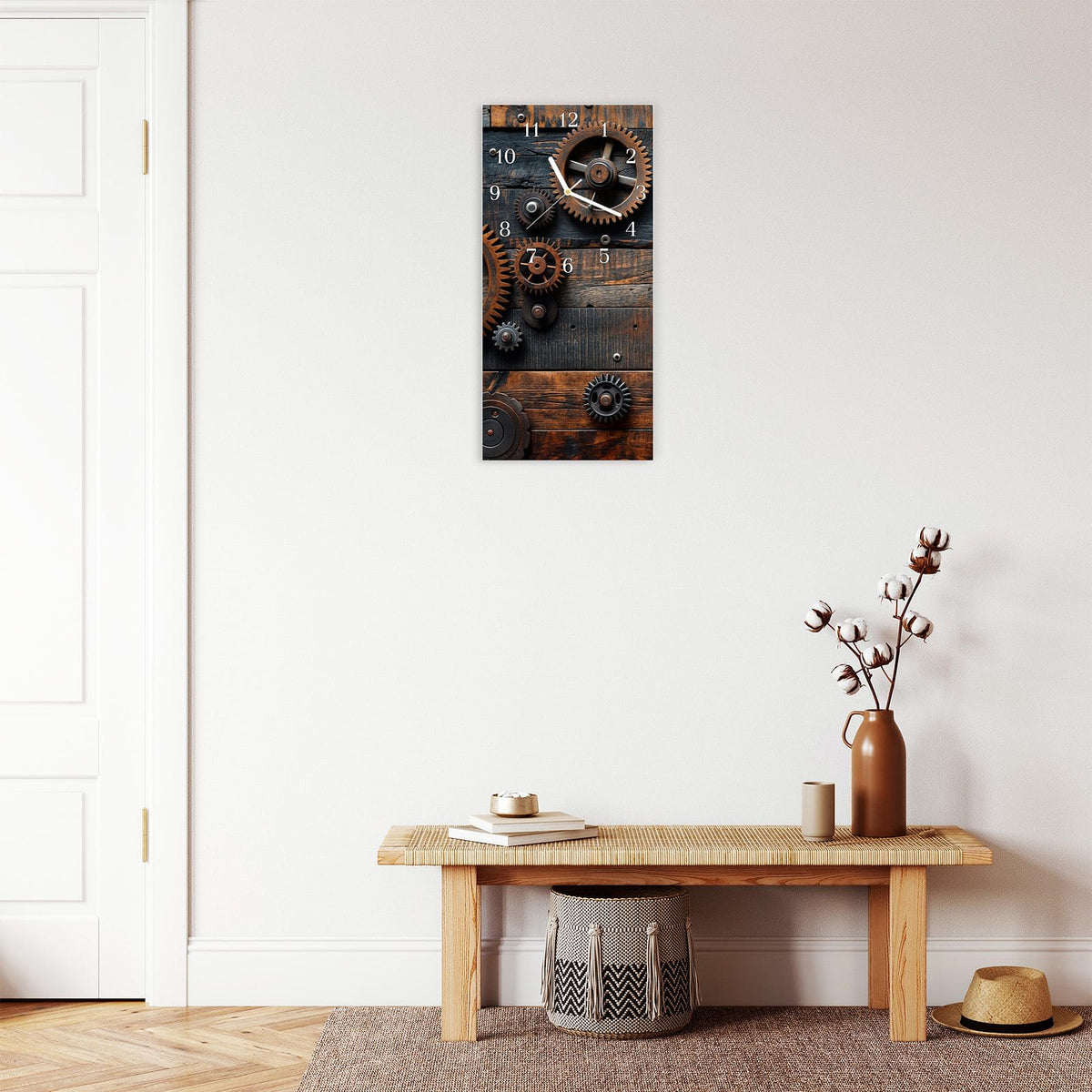 Moderne Wanduhr aus Glas mit Farbtiefe – Wanduhr Holz und Zahnräder aus Glas – Hochformat 30 × 60 cm
