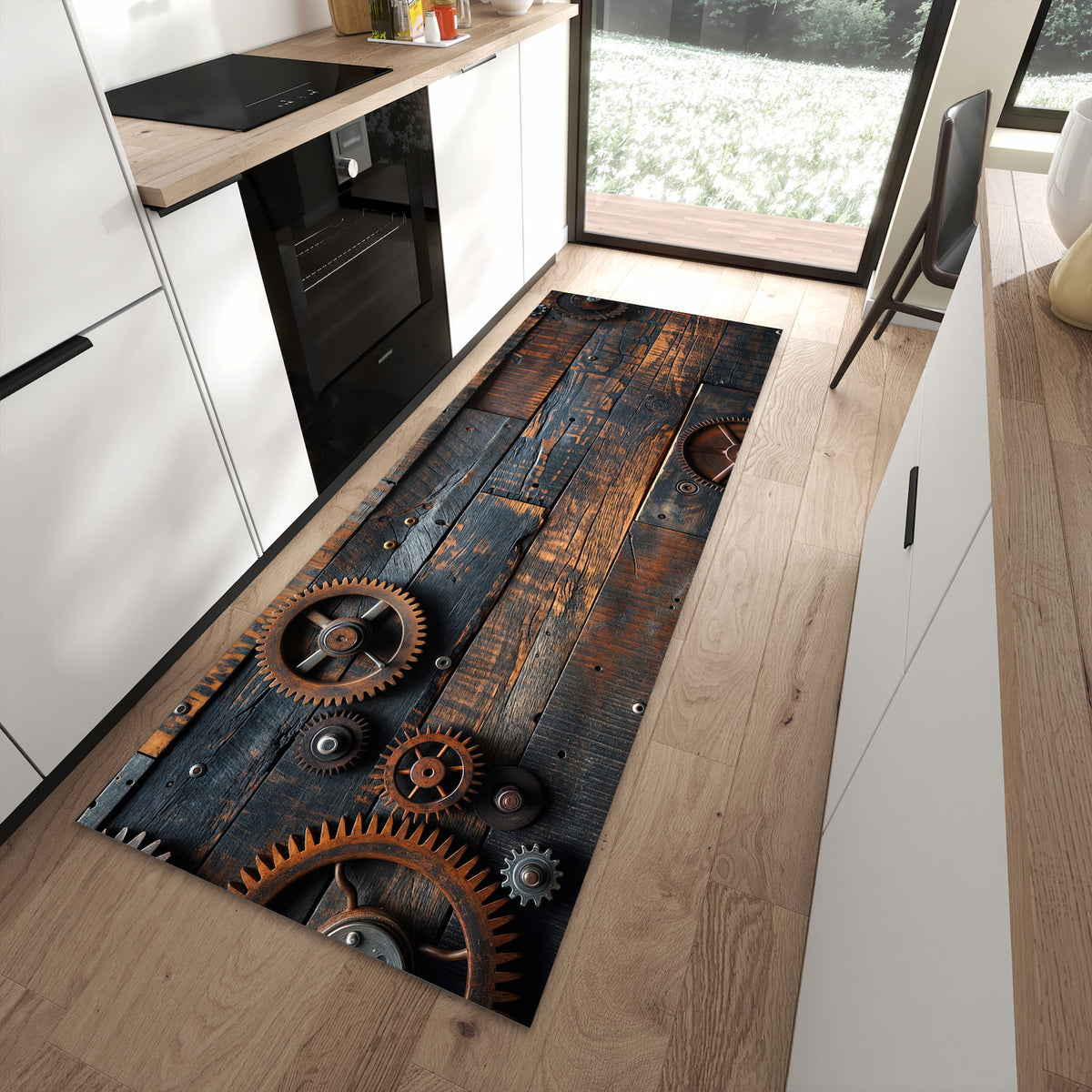 Fleckenresistenter Bodenläufer mit Motiv Holz und Zahnräder in moderner Küche