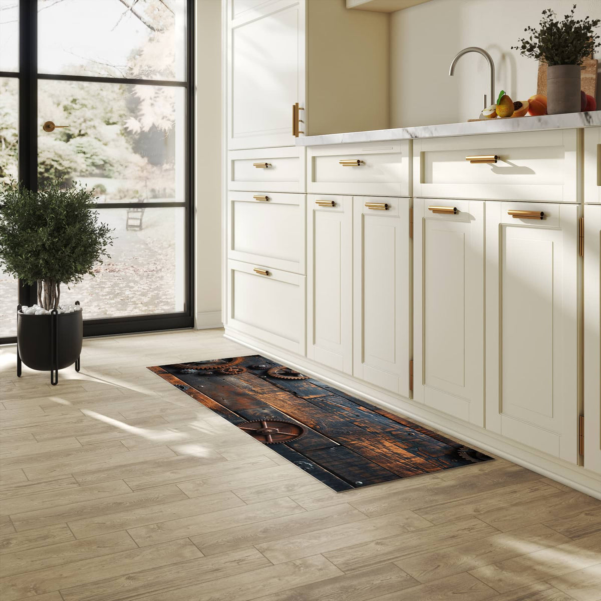 Farbbeständiger rutschfester Küchenteppich mit Motiv Holz und Zahnräder in heller Küche