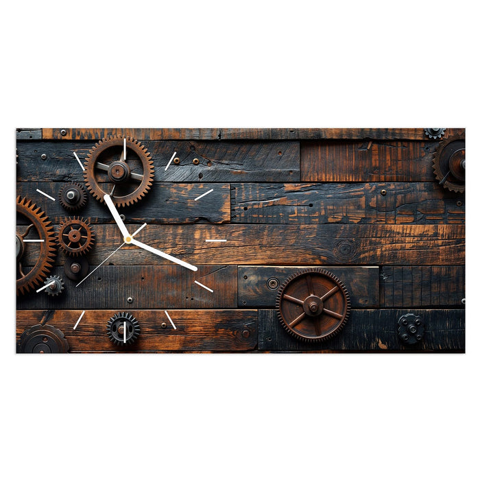 Wanduhr Holz und Zahnräder aus Glas – Querformat 60 × 30 cm mit Ziffernblatt Linie