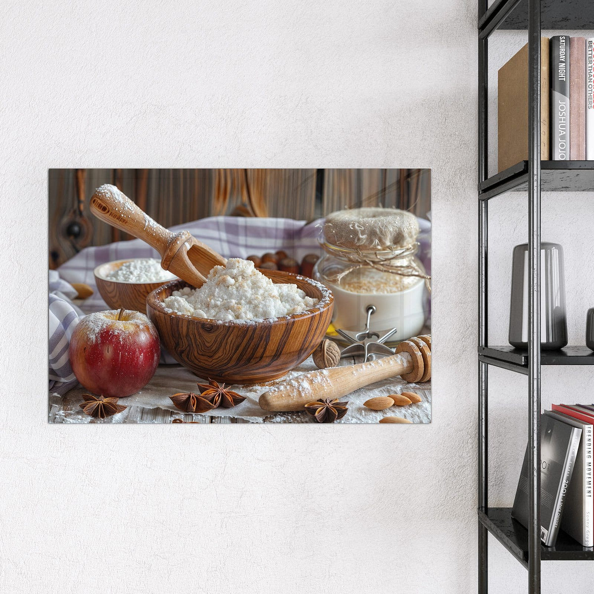 Magnettafel - Rustikales Backen – Nudelholz, Holzschalen und roter Apfel
