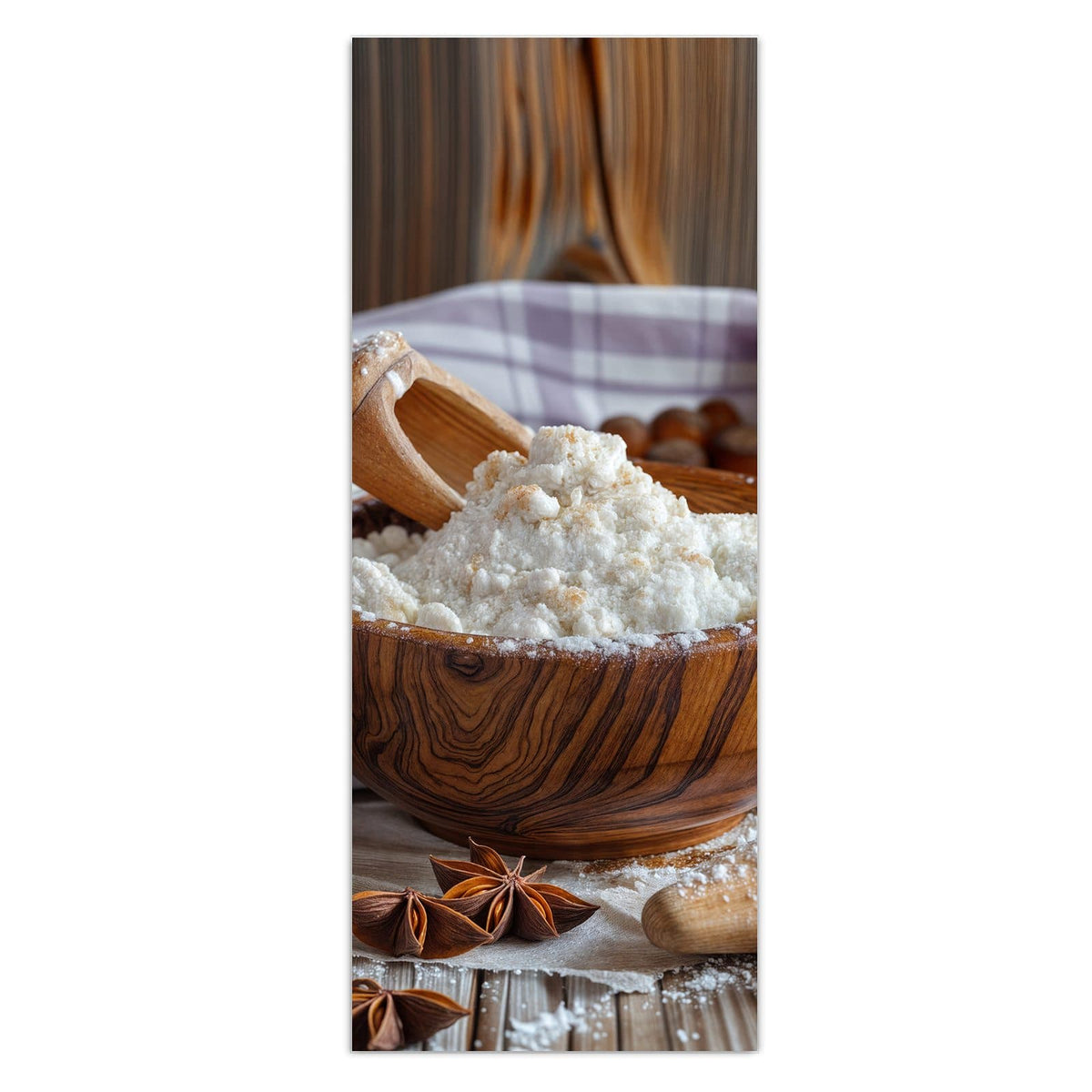 Wandbild - Rustikales Backen - Hochformat – Nudelholz, Holzschalen und roter Apfel