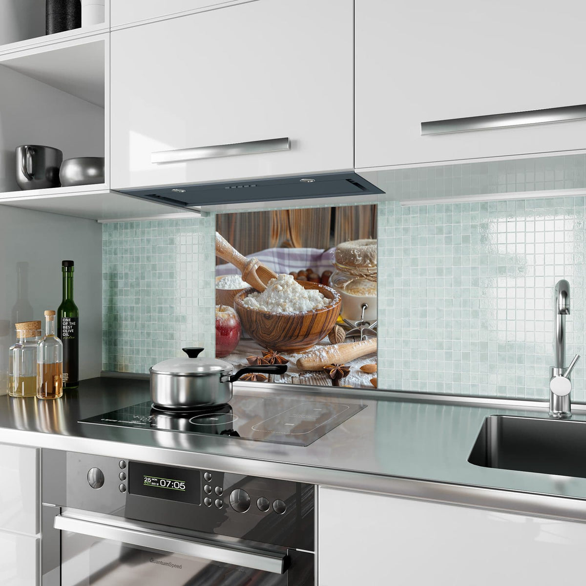 Küchenrückwand aus Glas Rustikales Backen im quadratischen Format als Spritzschutz hinter dem Kochfeld, über dem Fliesenspiegel montiert
