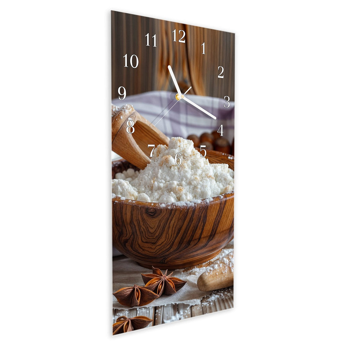 Vormontiert – mit Schwebeeffekt – Wanduhr Backzubehör Rustikal aus Glas – Hochformat 30 × 60 cm