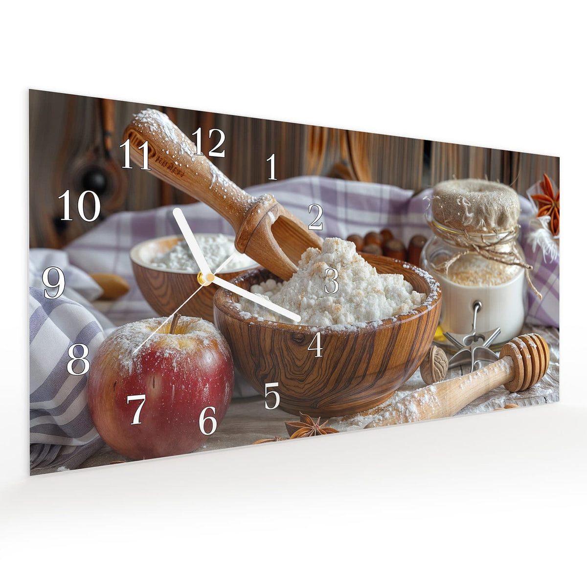 Vormontiert – mit Schwebeeffekt – Wanduhr Backzubehör Rustikal aus Glas – Querformat 60 × 30 cm