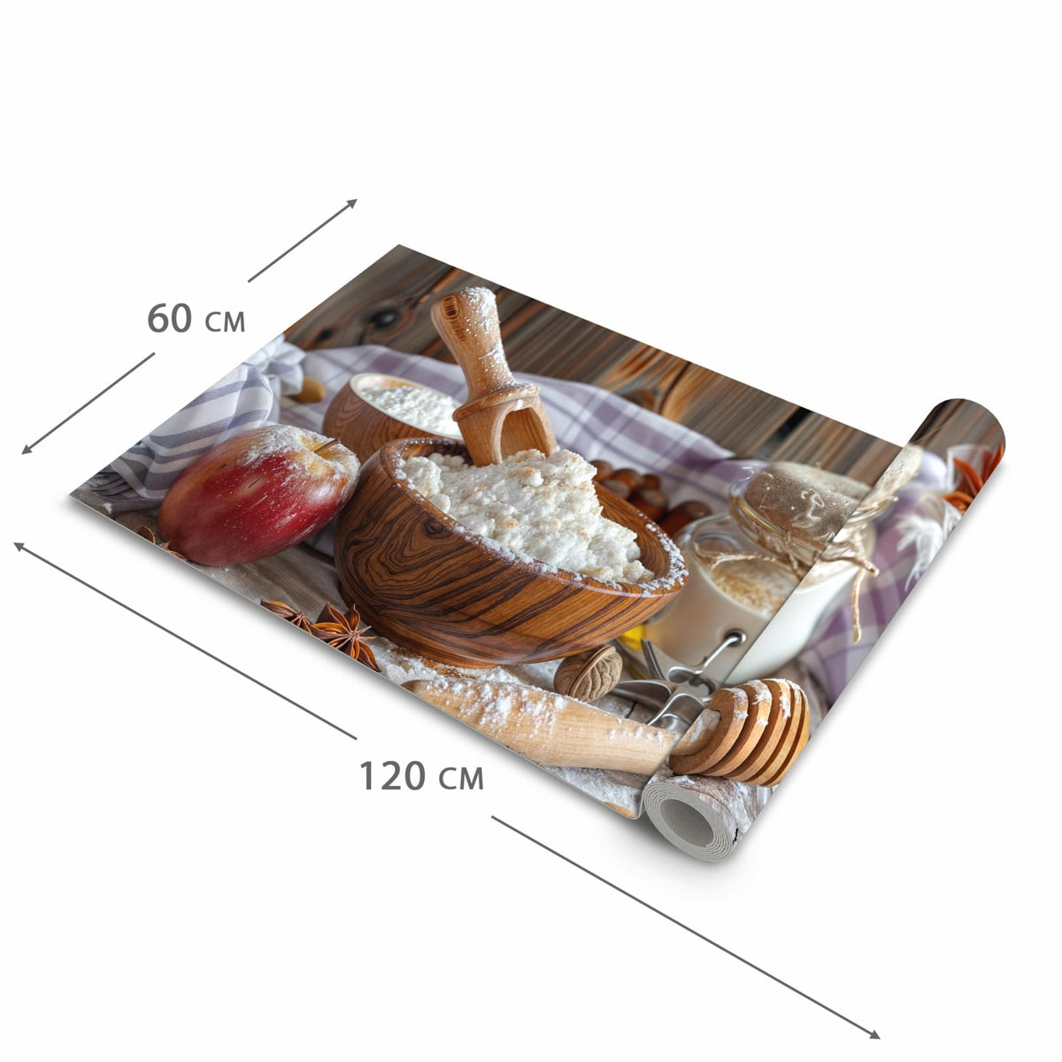 Geruchsneutraler Küchenläufer mit Motiv Backzubehör Rustikal in der Grösse 60x300 cm