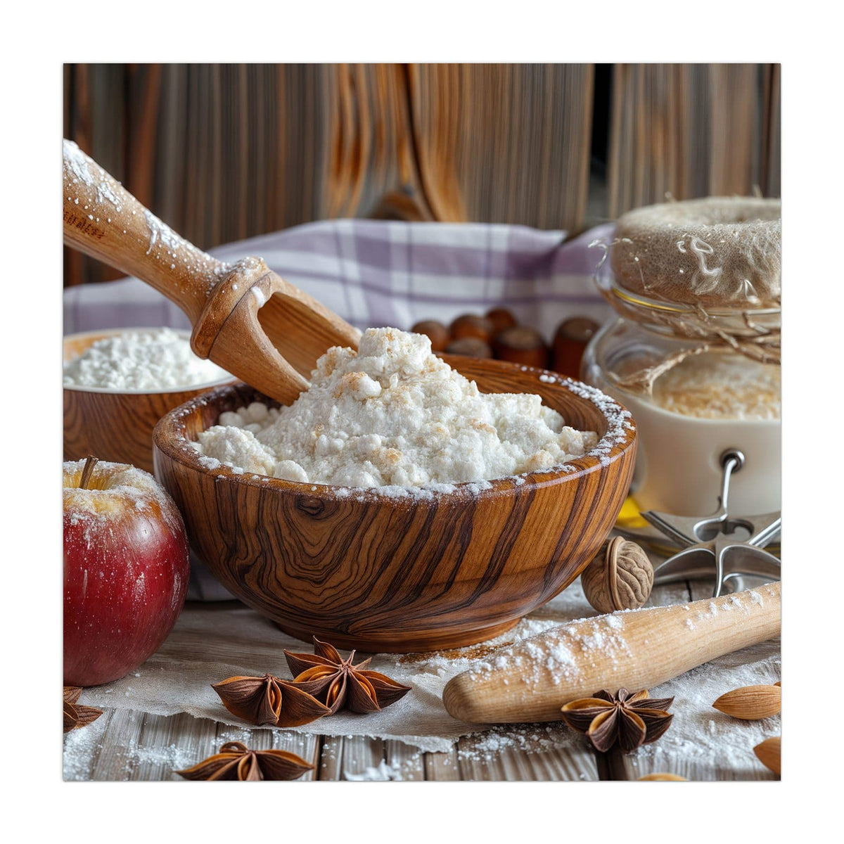 Holzschale mit Mehl, Nudelholz, roter Apfel, Sternanis und Vorratsgläser auf Holztisch
