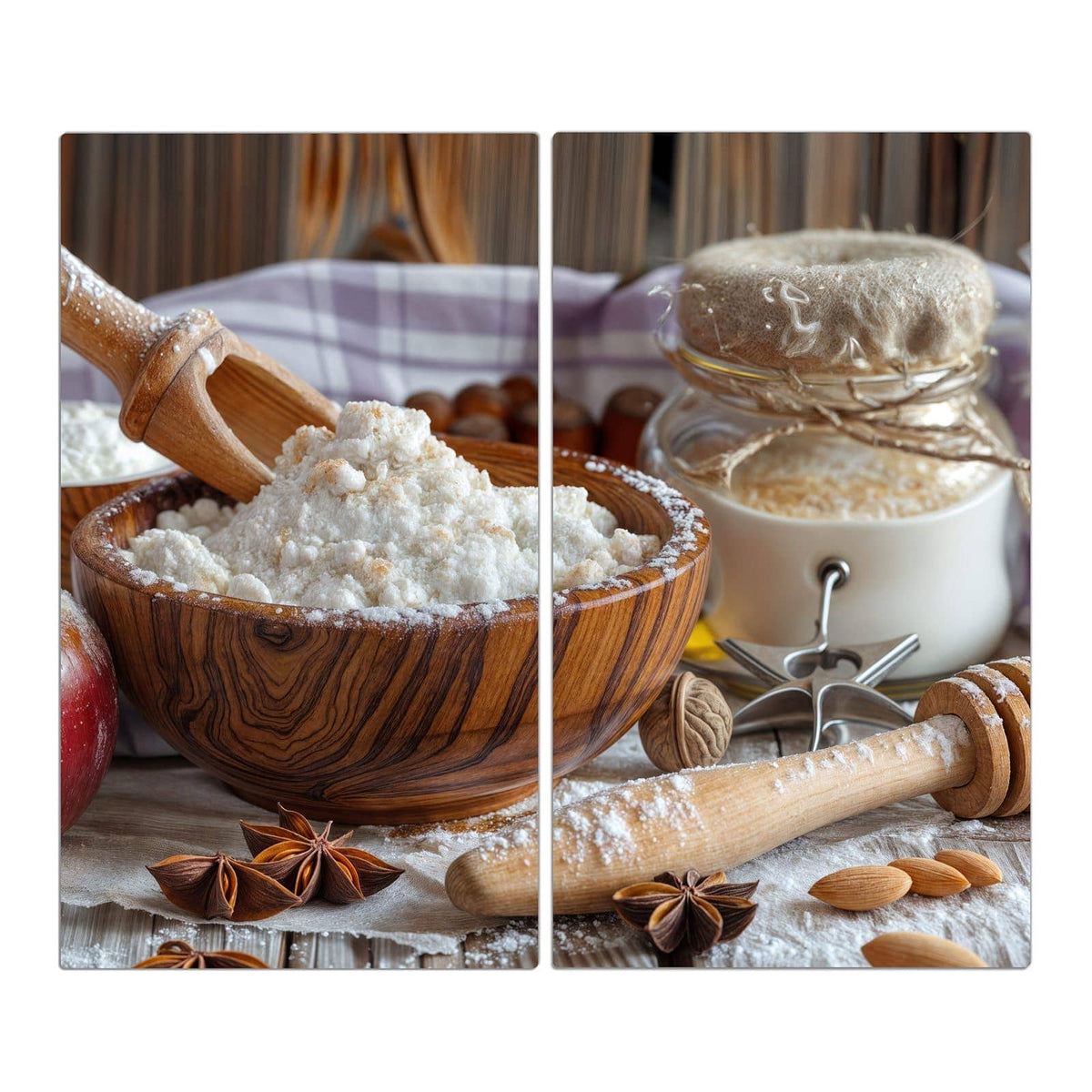 Holzschale mit Mehl, Nudelholz, roter Apfel, Sternanis und Vorratsgläser auf Holztisch