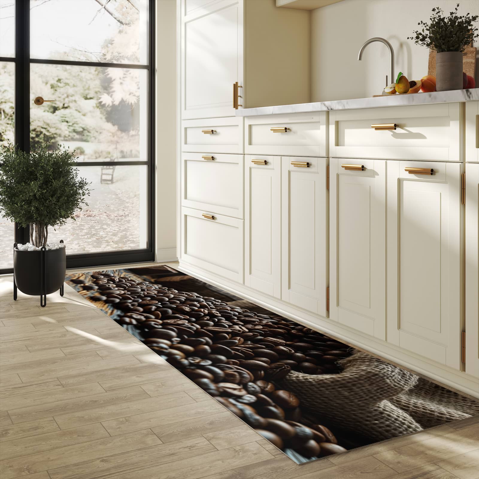 Schmutzabweisender Läufer mit Motiv Kaffeebohnen Sack für Eingangsbereich in heller Küche