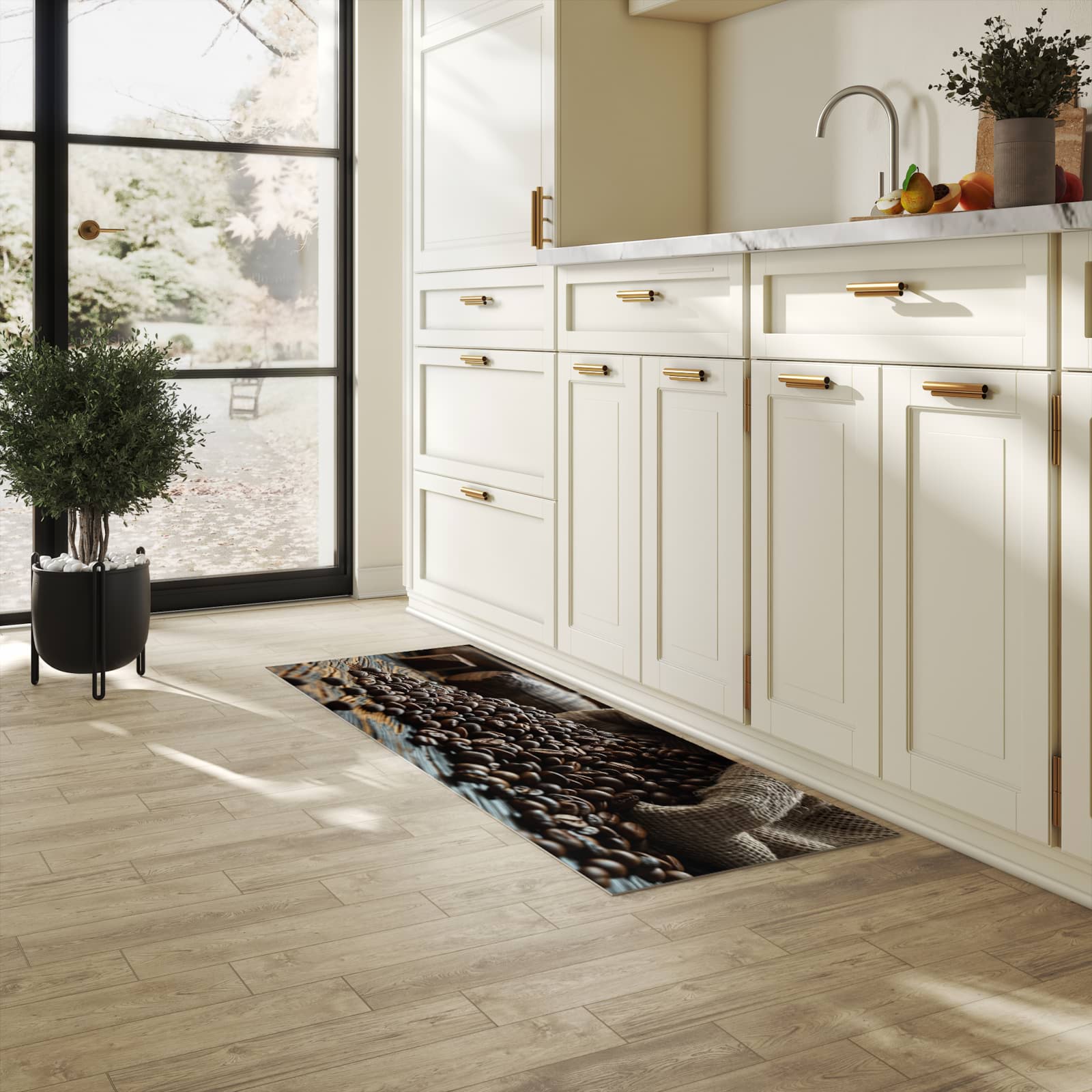 Küchenvorleger mit Motiv Kaffeebohnen Sack in heller Küche für sichere Aufbewahrung