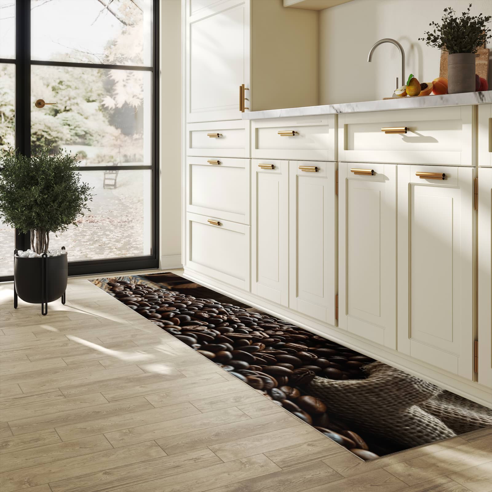 Abriebfester Küchenläufer mit Motiv Kaffeebohnen Sack in heller Küche