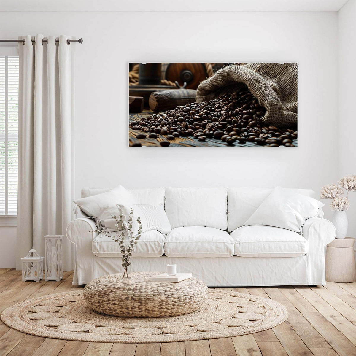 Wandbild - Kaffeesack mit Bohnen - Querformat – Kaffeebohnen strömen aus Jutesack
