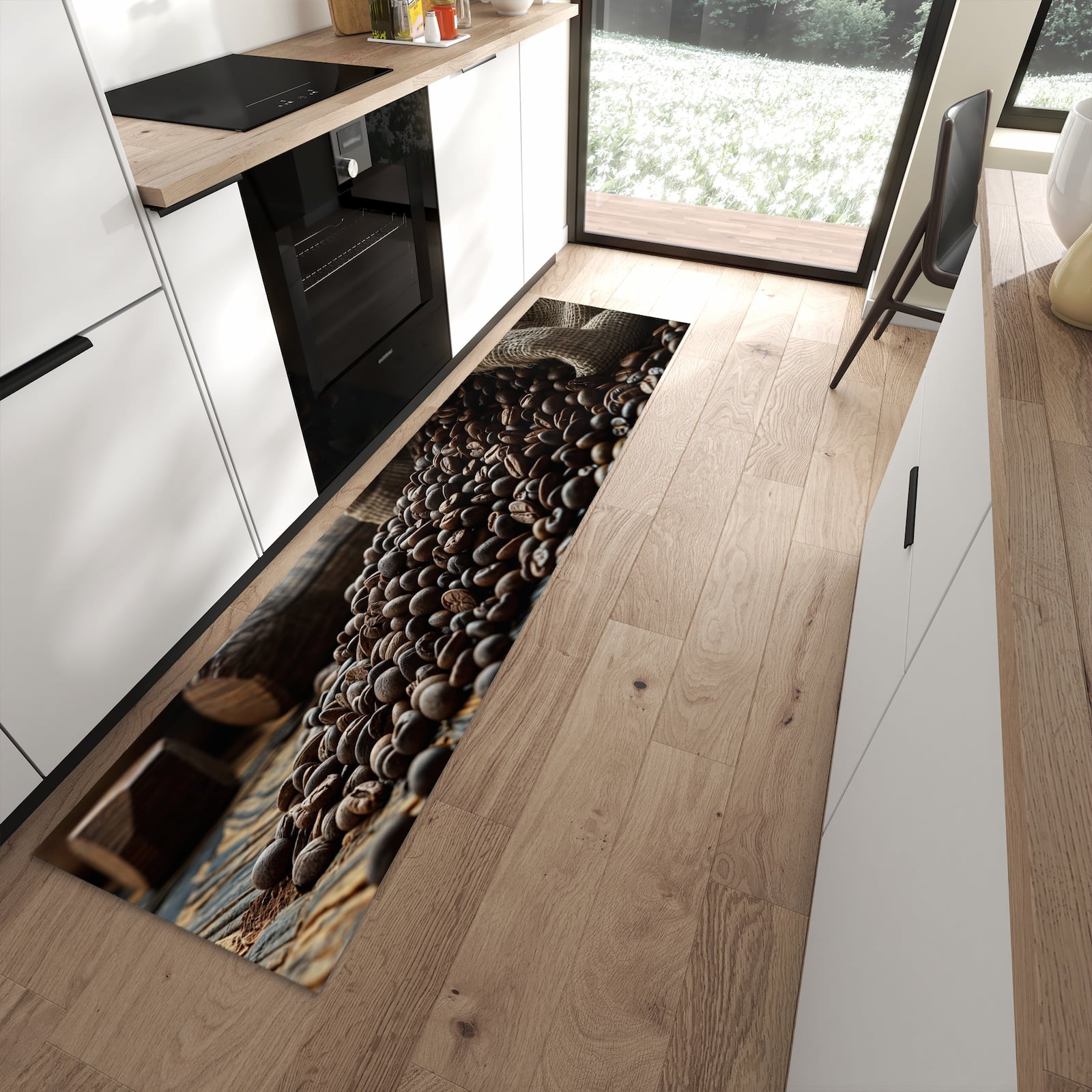 Sicherer Küchenläufer mit Motiv Kaffeebohnen Sack in moderner Küche