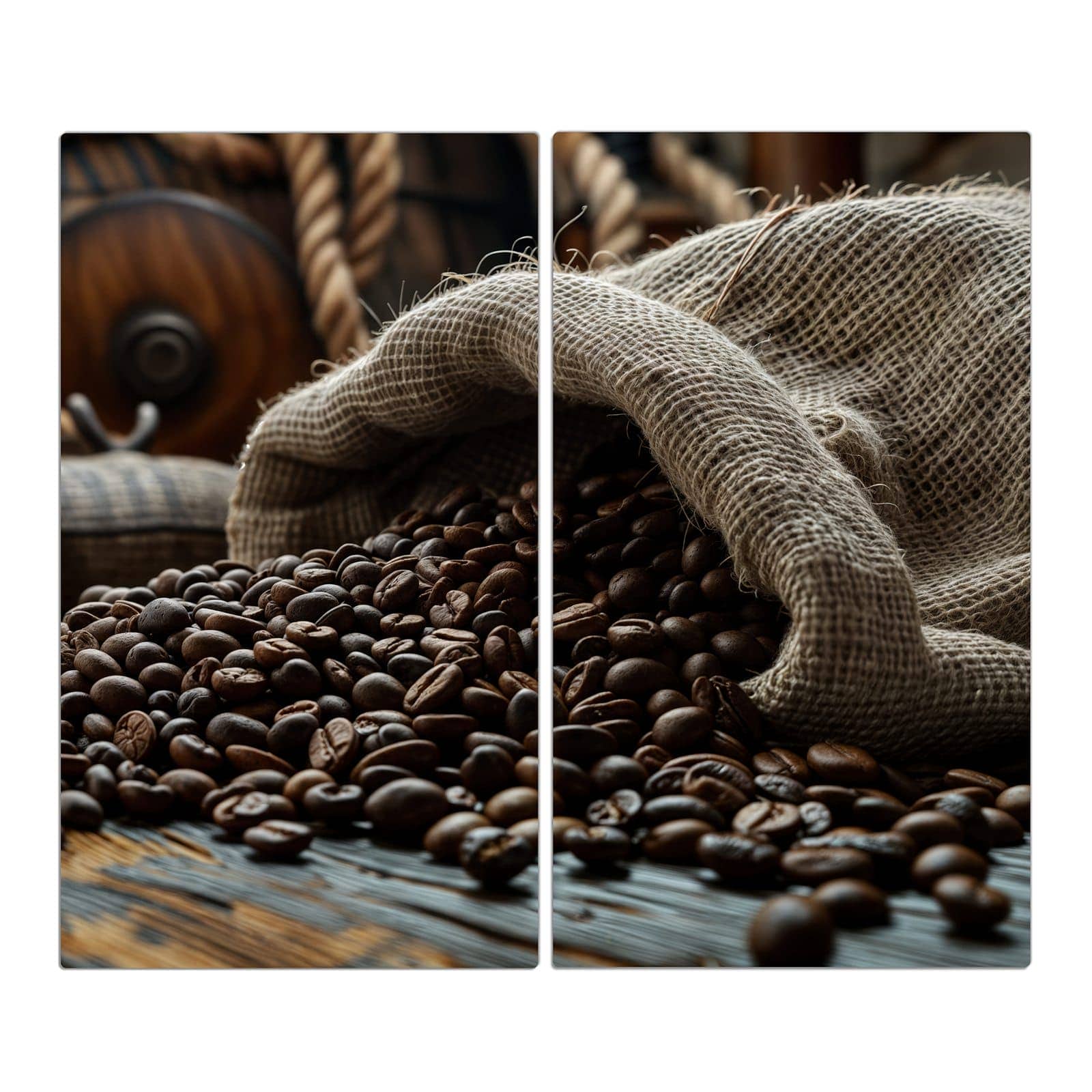 2-teilige Herdabdeckung aus Holz mit Kaffeebohnen Sack-Motiv in der Frontansicht