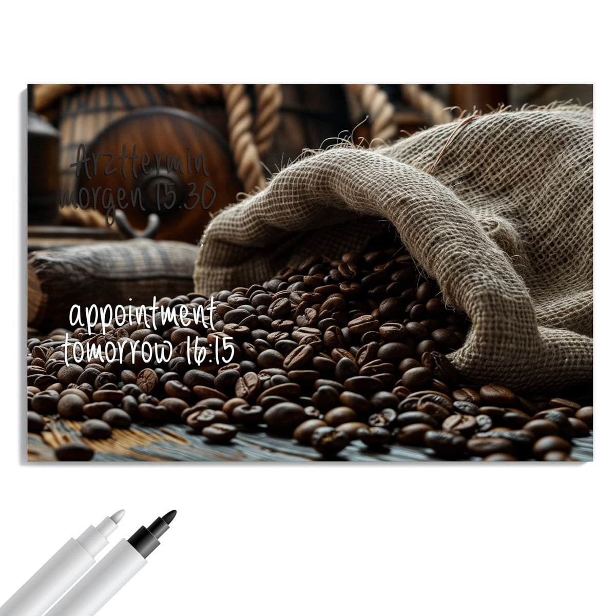 Beschreiben, abwischen, anheften – Metall Magnettafel - Kaffeesack mit Bohnen