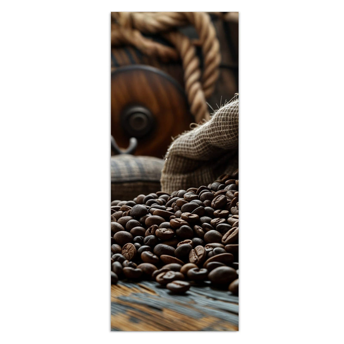 Wandbild - Kaffeesack mit Bohnen - Hochformat – Kaffeebohnen strömen aus Jutesack