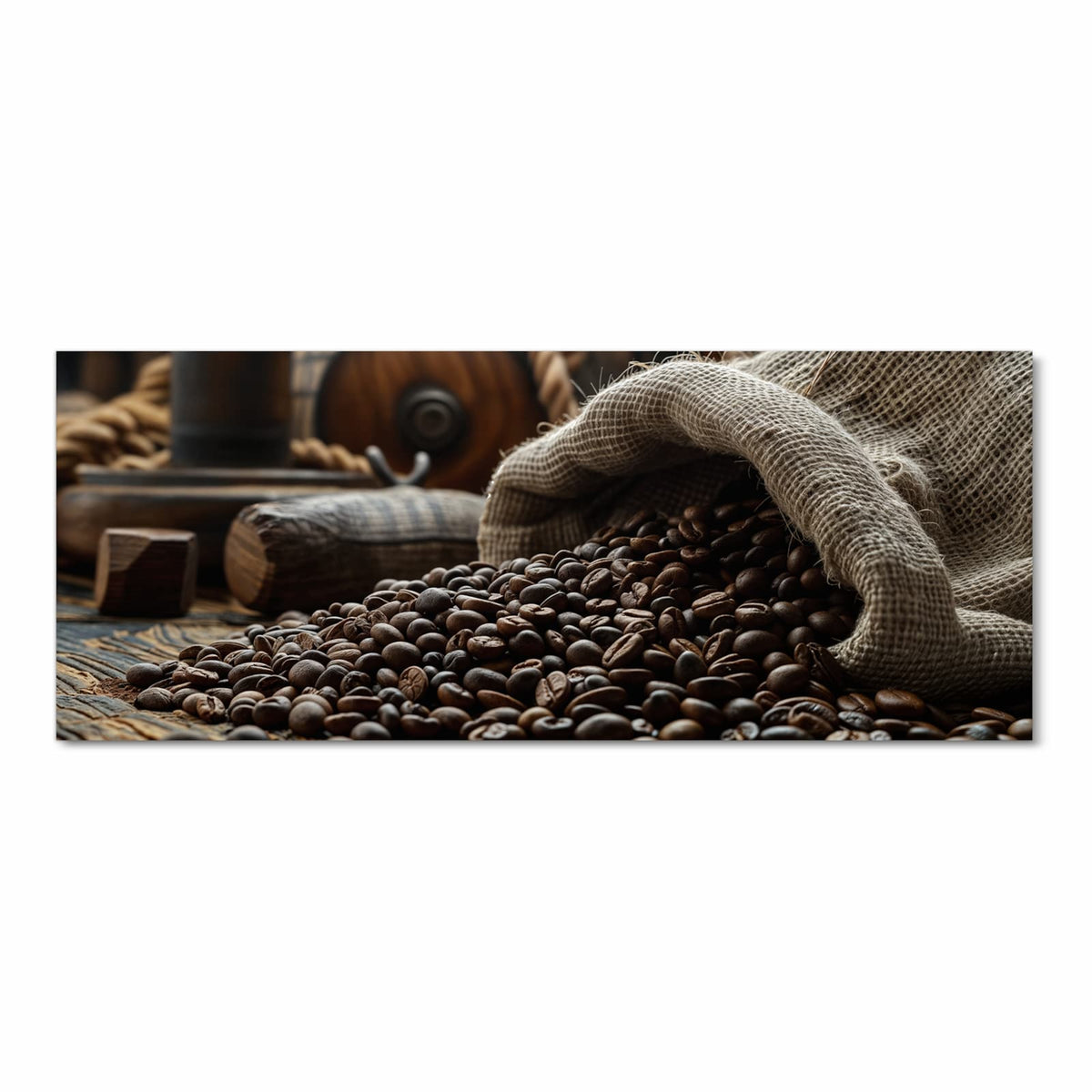 Dunkle Kaffeebohnen, die aus einem geöffneten Jutesack auf den Tisch quellen