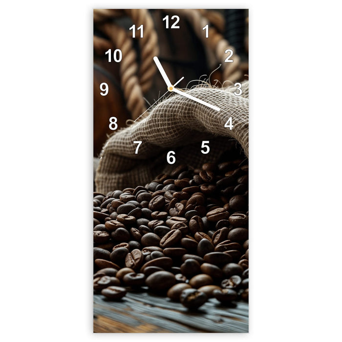 Wanduhr Kaffeebohnen Sack aus Glas – Hochformat 30 × 60 cm mit Ziffernblatt Modern