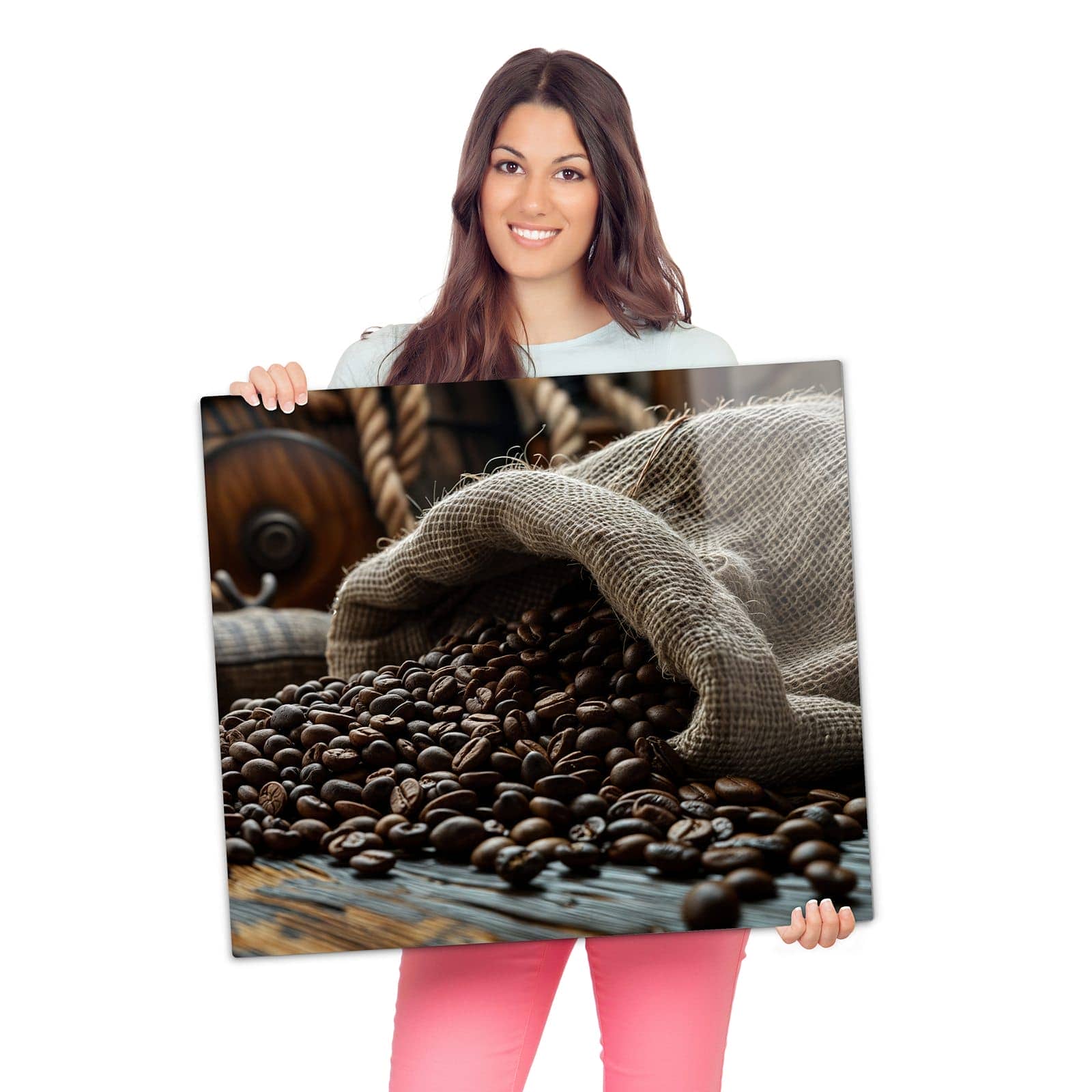Herdabdeckplatte mit Kaffeebohnen Sack-Motiv wird zur Größendarstellung gehalten