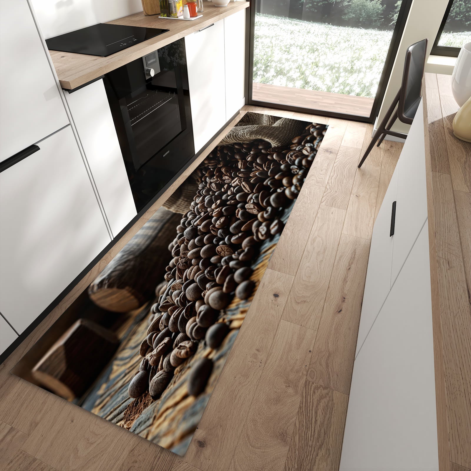 Wasserabweisender Küchenteppich mit Motiv Kaffeebohnen Sack in moderner Küche