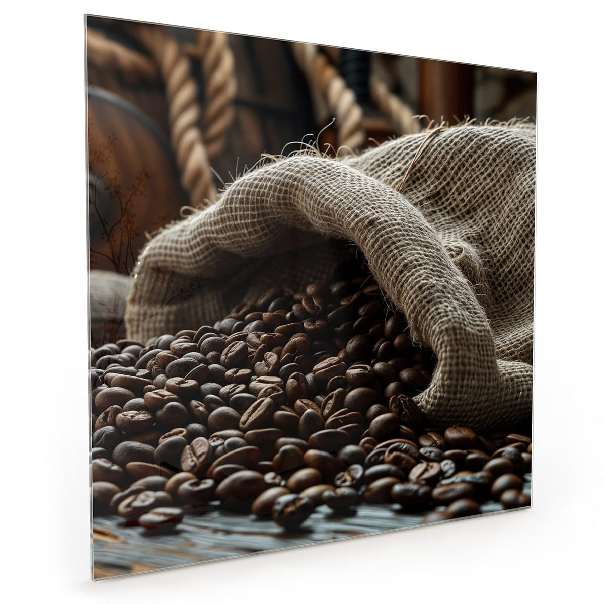 Küchenrückwand aus Glas im quadratischen Format mit Motiv Kaffeesack mit Bohnen: Dunkle Kaffeebohnen, die aus einem geöffneten Jutesack auf den Tisch quellen #grösse_40 x 40 cm #grösse_50 x 50 cm #grösse_60 x 60 cm