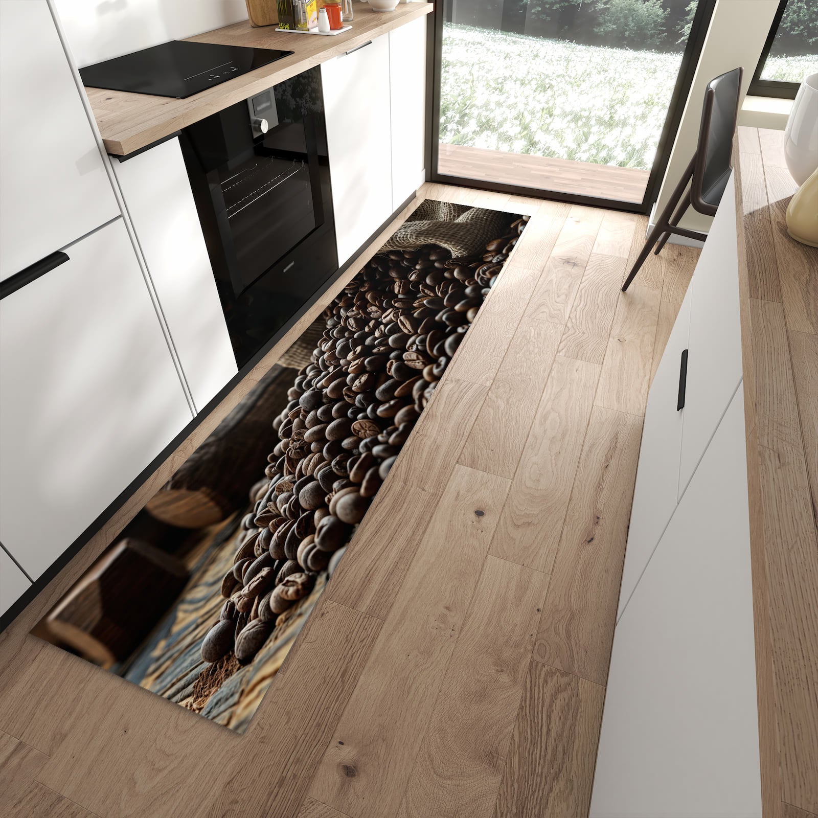 Zeitsparender Küchenläufer nach Maß mit Motiv Kaffeebohnen Sack in moderner Küche