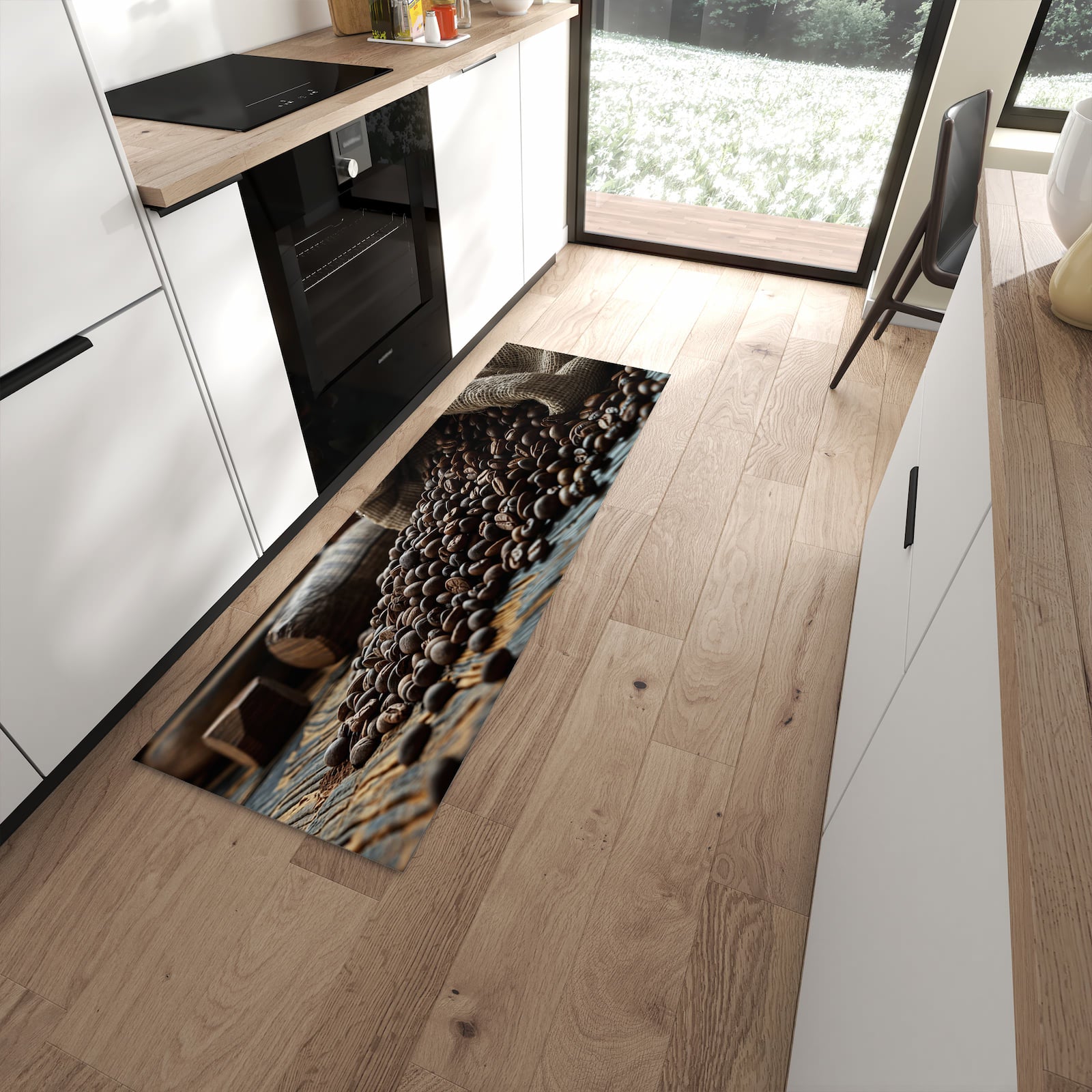 Formstabiler rutschfester Küchenläufer mit Motiv Kaffeebohnen Sack in moderner Küche