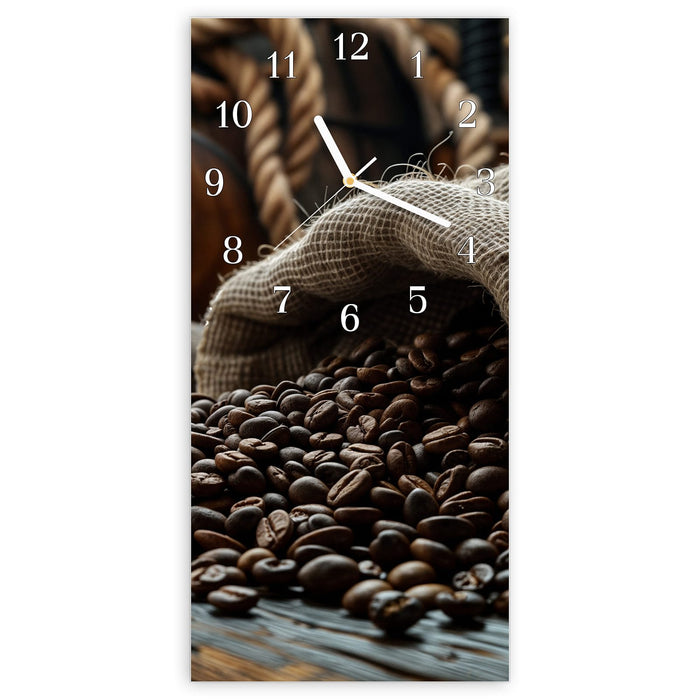 Wanduhr Kaffeebohnen Sack aus Glas – Hochformat 30 × 60 cm mit Ziffernblatt Klassisch