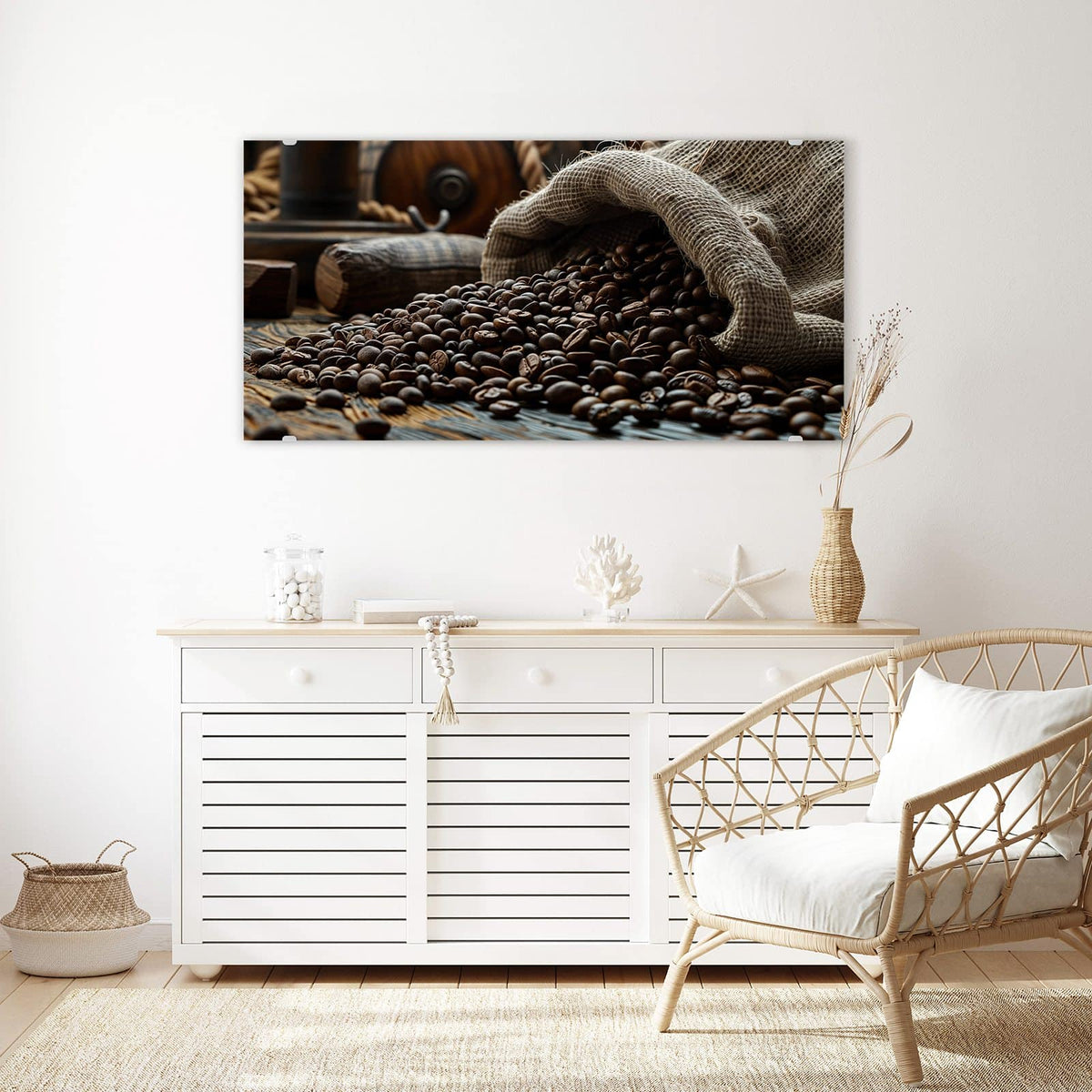 Echtglas, 4 mm – kein Acryl, keine Folie – Wandbild - Kaffeesack mit Bohnen - Querformat