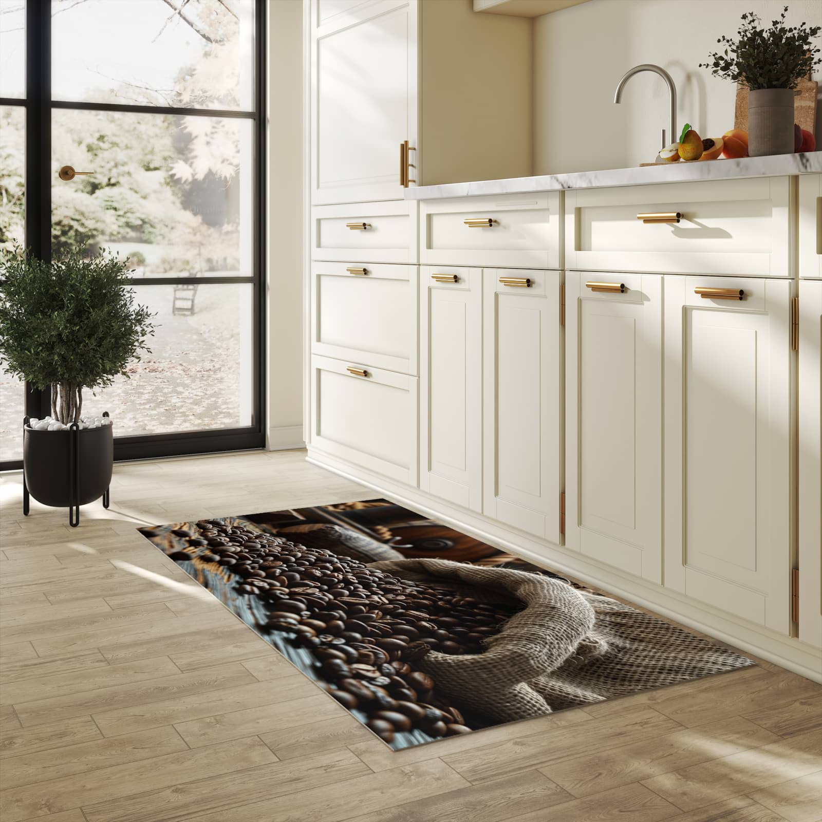 Geruchsneutraler rutschfester Läufer mit Motiv Kaffeebohnen Sack in heller Küche