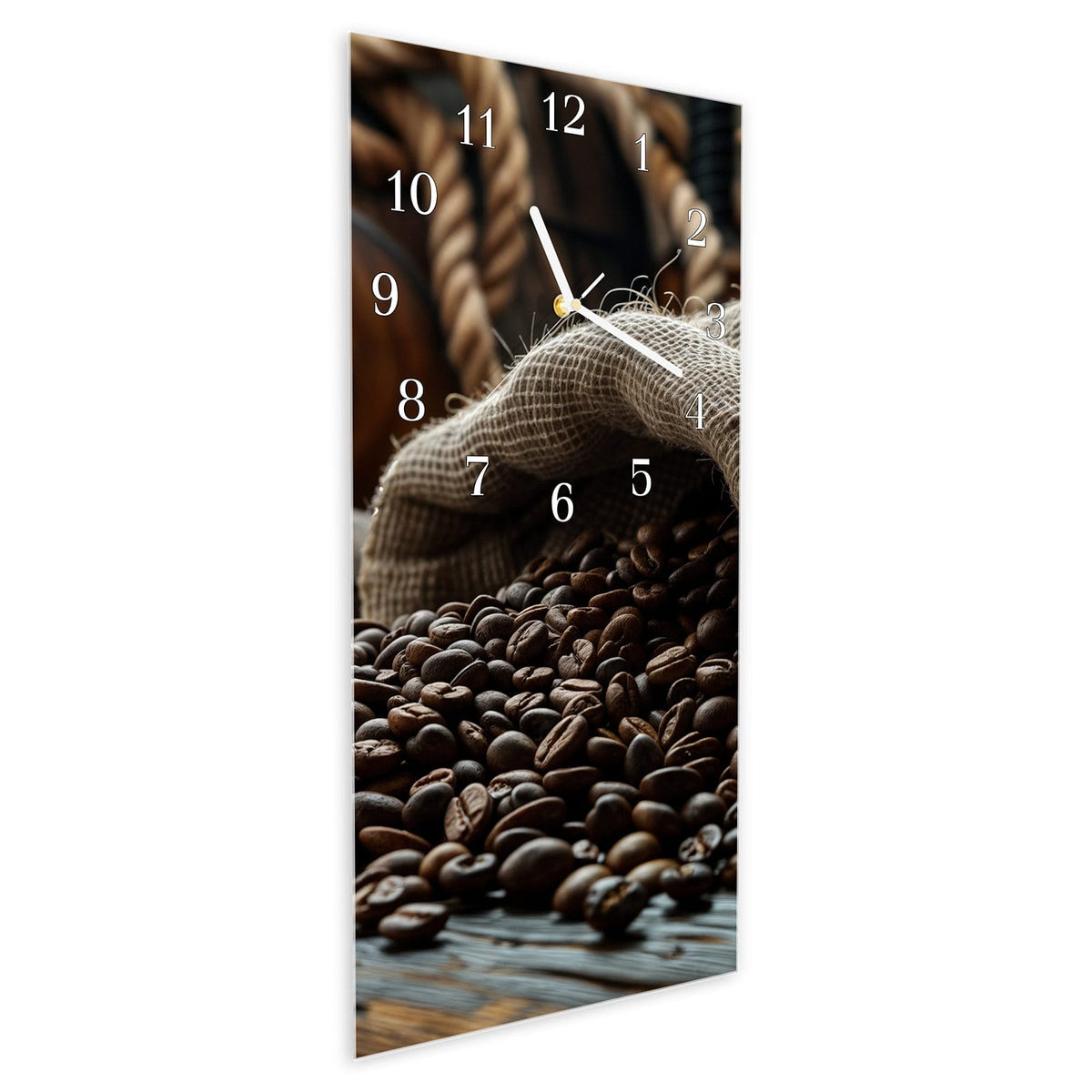 Vormontiert – mit Schwebeeffekt – Wanduhr Kaffeebohnen Sack aus Glas – Hochformat 30 × 60 cm