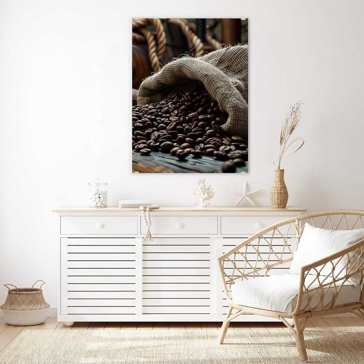 Aufhängung liegt bei – Motiv später wechselbar – Wandbild - Kaffeesack mit Bohnen - Hochformat