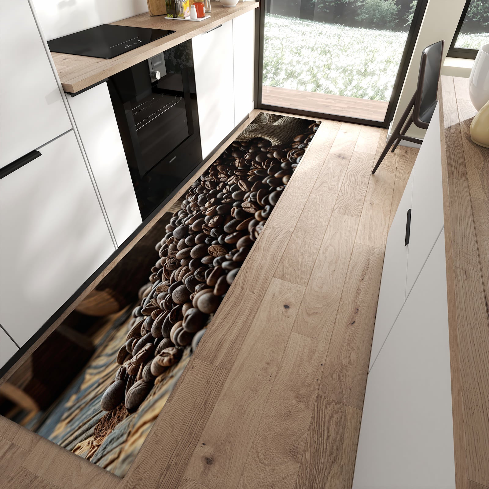 Geräuschdämpfender waschbarer Küchenläufer mit Motiv Kaffeebohnen Sack in moderner Küche