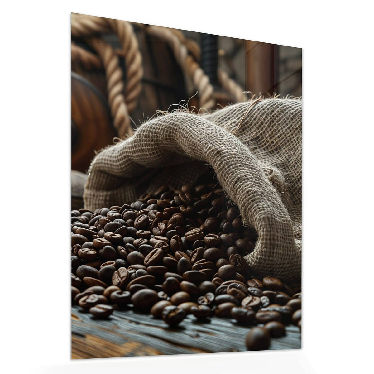 Echtglas, 4 mm – kein Acryl, keine Folie – Wandbild - Kaffeesack mit Bohnen - Hochformat