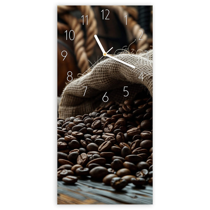 Wanduhr Kaffeebohnen Sack aus Glas – Hochformat 30 × 60 cm mit Ziffernblatt Elegant