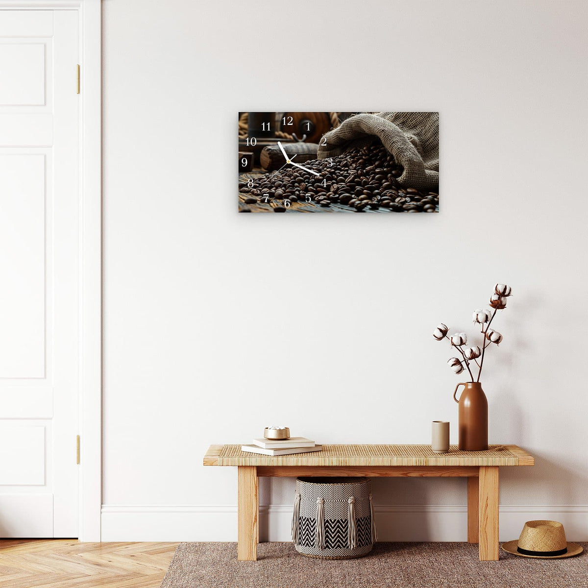 Moderne Wanduhr aus Glas mit Farbtiefe – Wanduhr Kaffeebohnen Sack aus Glas – Querformat 60 × 30 cm