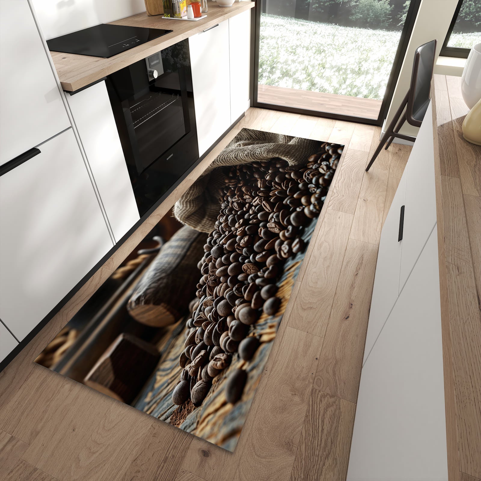Geruchsneutraler Küchenteppich mit Motiv Kaffeebohnen Sack in moderner Küche