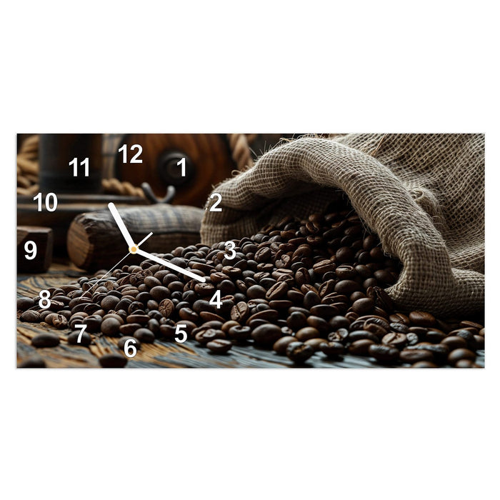 Wanduhr Kaffeebohnen Sack aus Glas – Querformat 60 × 30 cm mit Ziffernblatt Modern