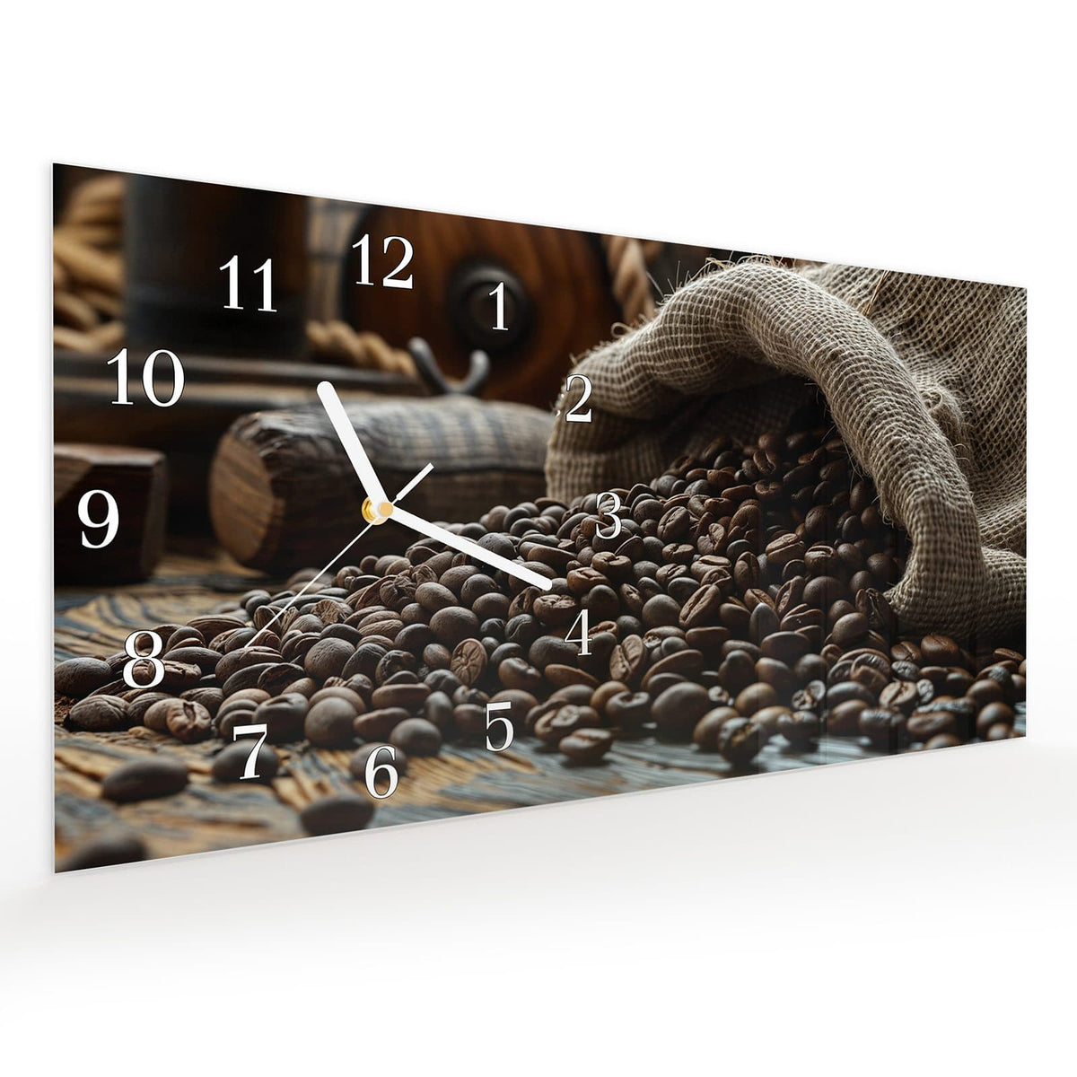 Vormontiert – mit Schwebeeffekt – Wanduhr Kaffeebohnen Sack aus Glas – Querformat 60 × 30 cm