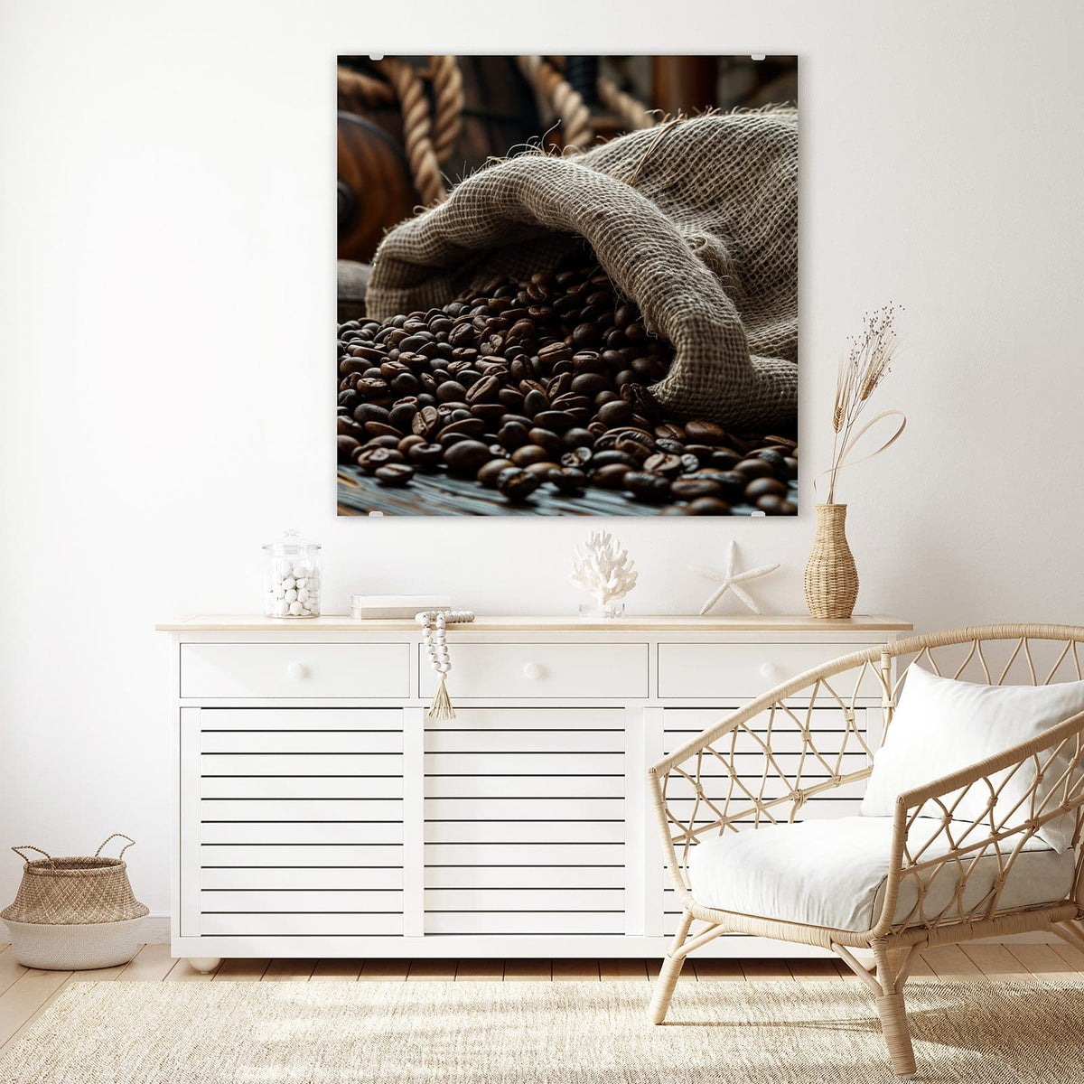 Echtglas, 4 mm – kein Acryl, keine Folie – Wandbild - Kaffeesack mit Bohnen - Quadratisch