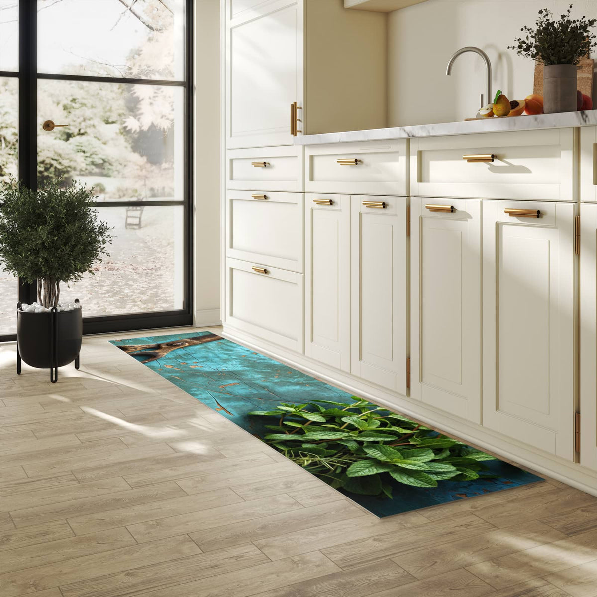 Hygienischer Küchenteppich mit Motiv Alte Schereauf Holz in heller Küche