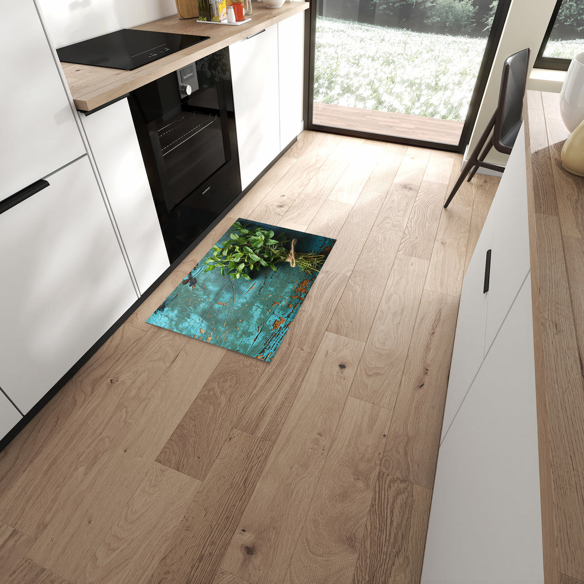 Strapazierfähiger rutschfester Küchenteppich mit Motiv Alte Schereauf Holz in moderner Küche