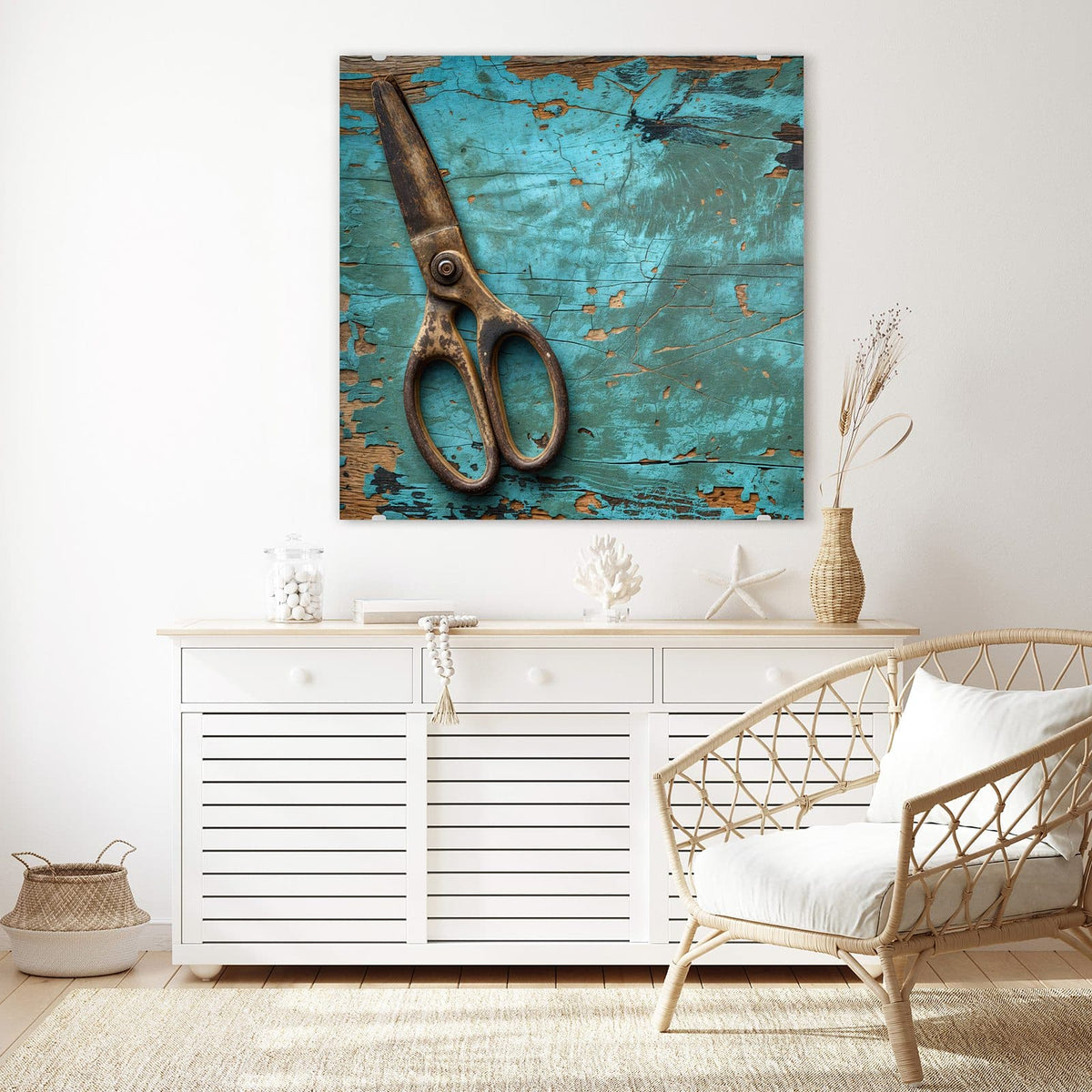 Echtglas, 4 mm – kein Acryl, keine Folie – Wandbild - Alte Schere auf Holz - Quadratisch