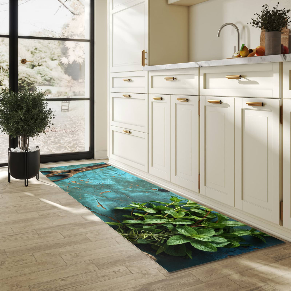 Feuchtigkeitsresistenter Küchenteppich mit Motiv Alte Schereauf Holz in heller Küche