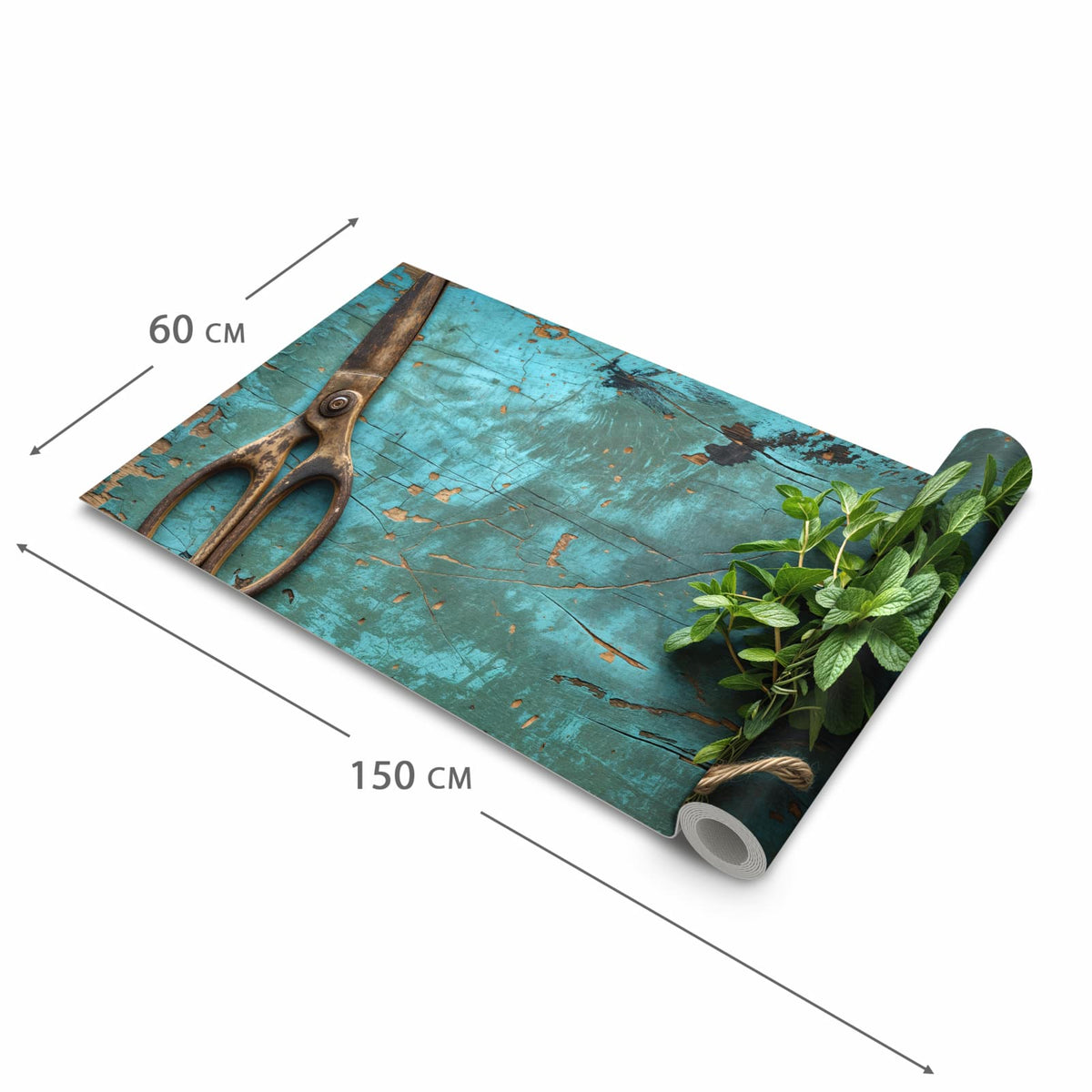 Pflegeleichter Teppichläufer für die Küche mit Motiv Alte Schereauf Holz in der Grösse 60x270 cm