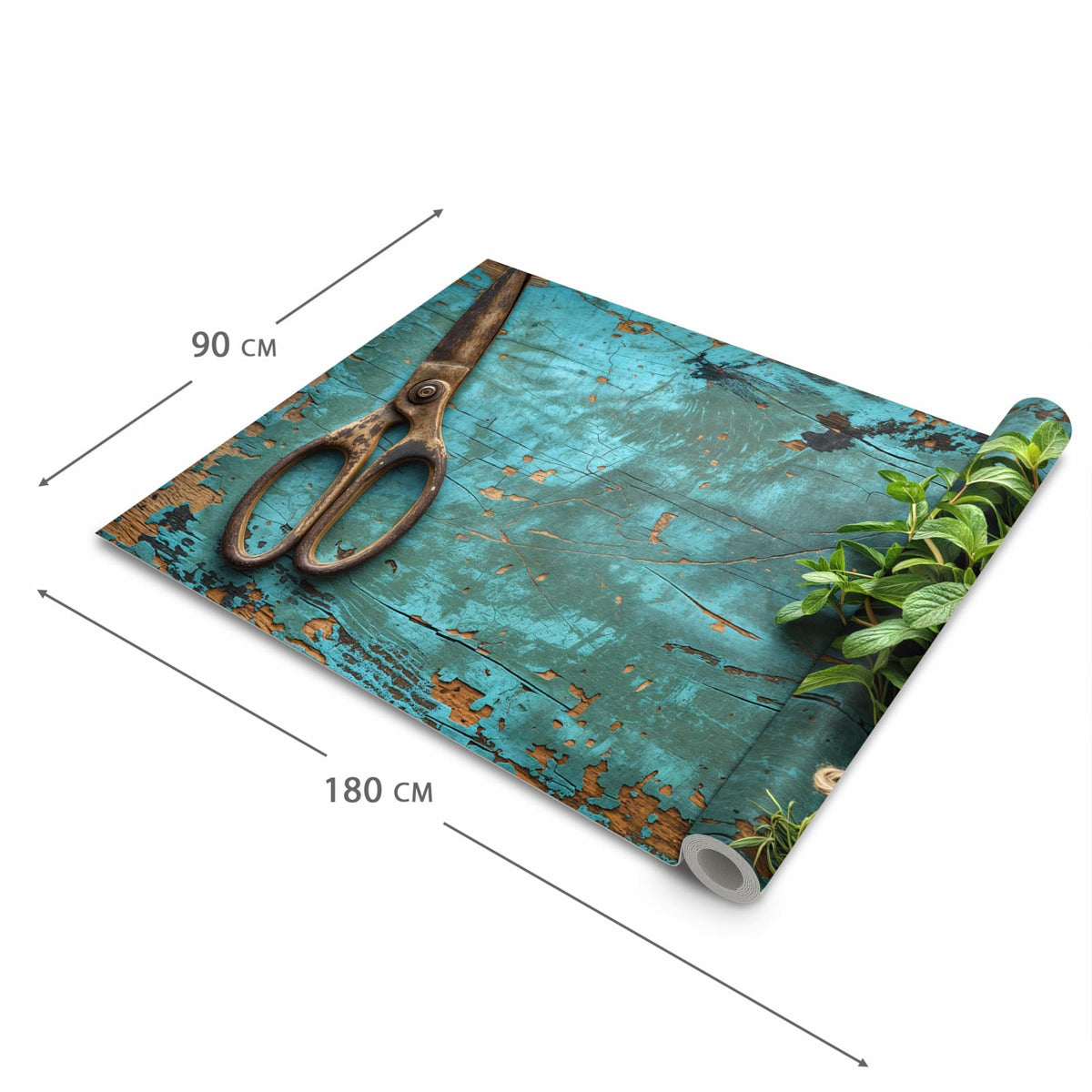 Feuchtigkeitsresistenter waschbarer Teppich Esstisch mit Motiv Alte Schereauf Holz in der Grösse 60x300 cm